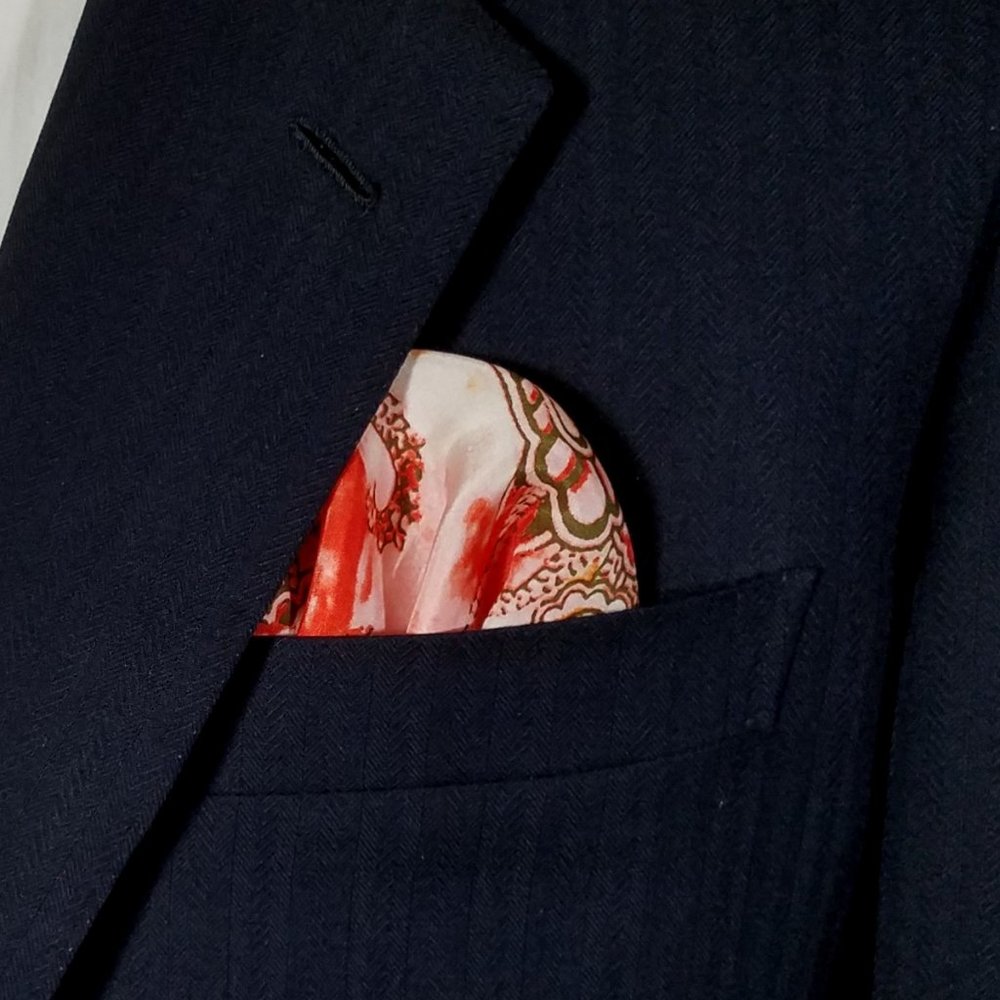 NEW Silk Pre-Folded Fan Design Pocket Square Insert - Melon Orange Floral